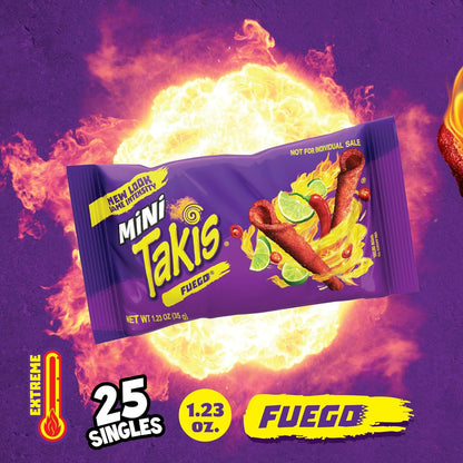 Takis Fuego Mini 25 pc / 1.23 oz Bite Size Multipack, Hot Chili Pepper & Lime Flavored Extreme Spicy Rolled Tortilla Chips