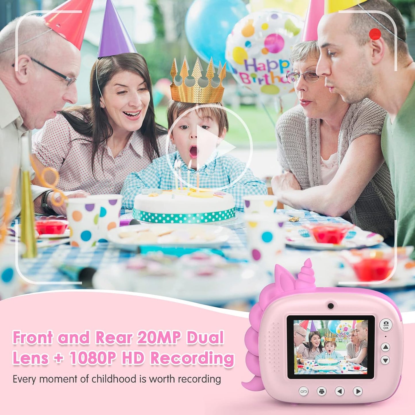 HiMont Camera Instant Print, Digital Camera for Kids with Zero Ink Print Paper & 32G TF Card, Selfie Video Camera with Color Pens & Photo Clips for DIY, Gift for Girls Boys 3-12 Years Old (Pink)