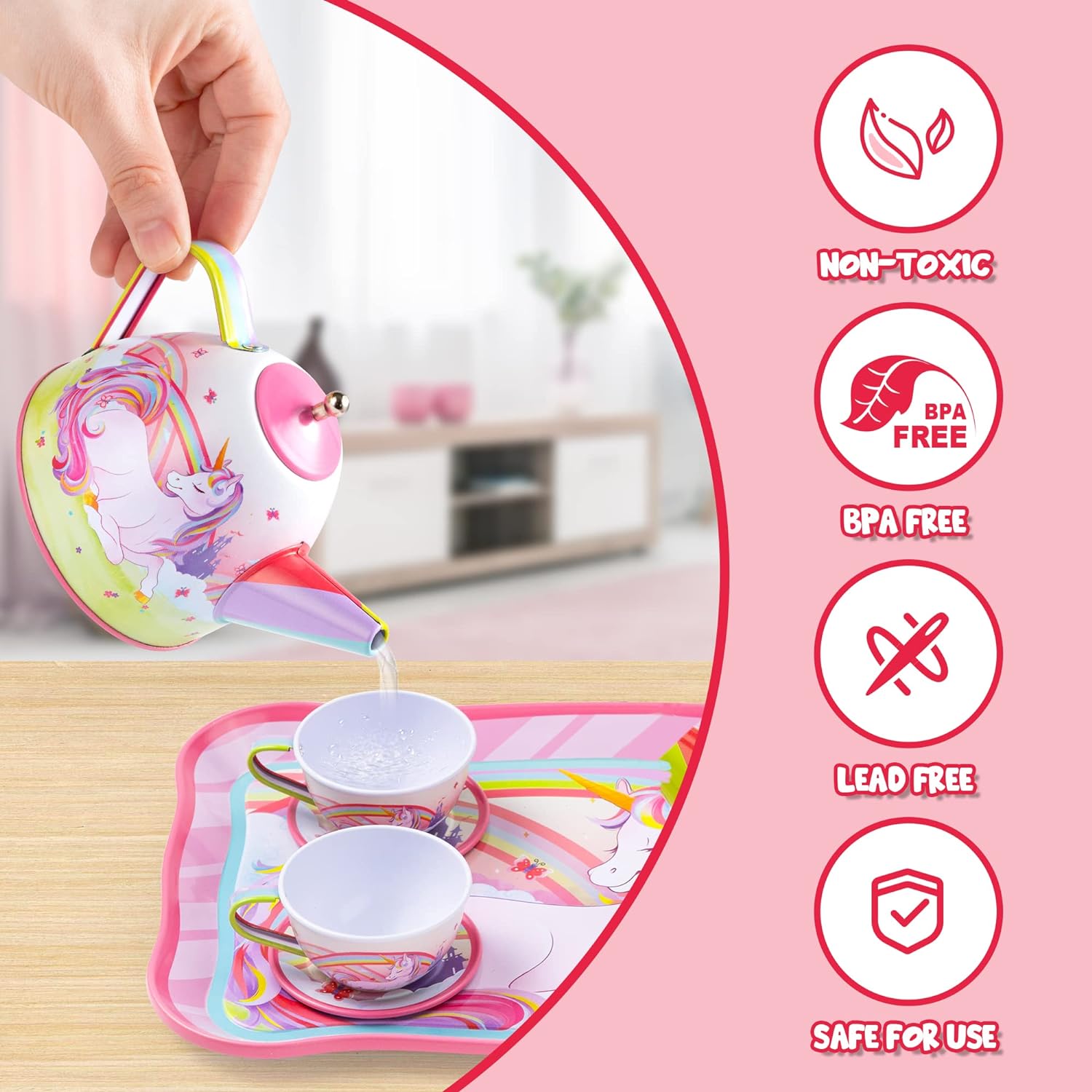JOYIN Unicorn Castle Tea Set for Toddlers, Pretend Tin Teapot Set for Girls, Princess Tea Party Set Kitchen Toy with Teapot, Cups, Plates and Carrying Case for Birthday Gifts Kids Toddlers Age 3 4 5 6