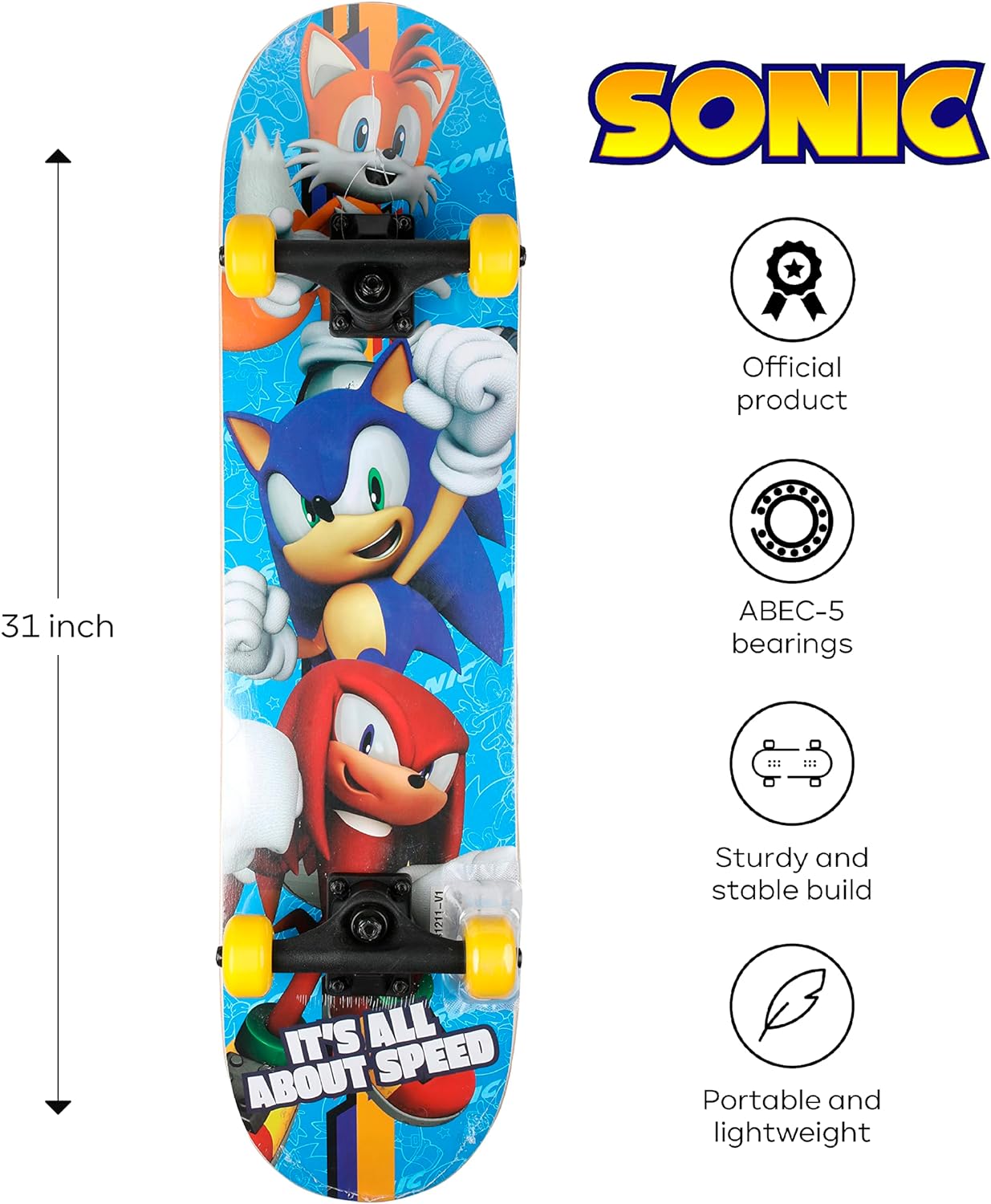 Sonic The Hedgehog Character Skateboards - Cruiser Skateboard with ABEC 5 Bearings, Durable Deck, Smooth Wheels (Choose from Sonic, Knuckles, Tails or Sonic & Friends)