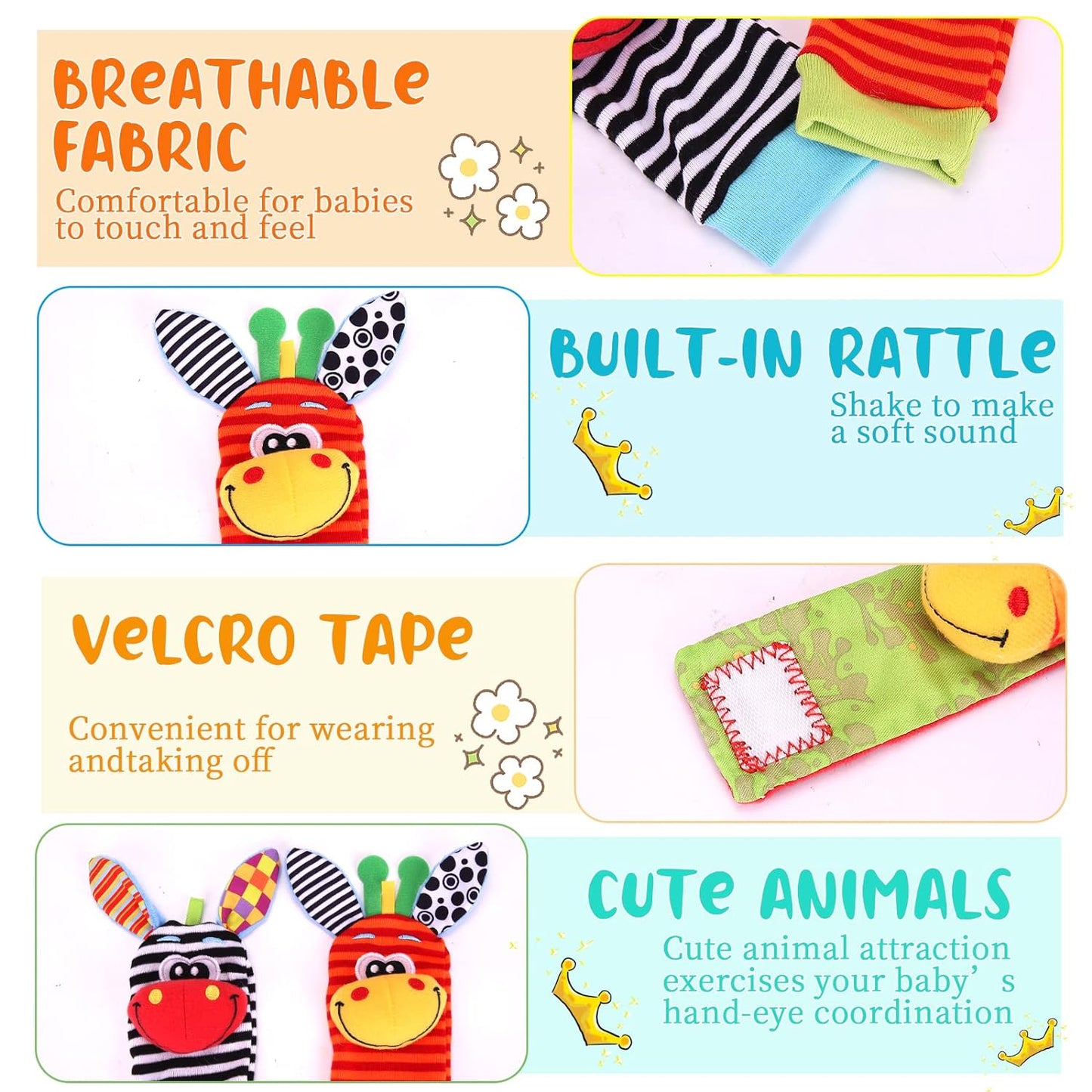 PADONISE Wrist Rattle Foot Finder Socks Set Arm Hand Bracelet Rattle Feet Leg Ankle Socks Newborn Soft Sensory Toys Baby Socks Newborn Rattles Toys for Babies 0-6 Months Infant Baby Gifts 6-12 Months