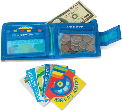 Melissa & Doug Pretend-to-Spend Toy Wallet With Play Money and Cards (45 pcs) , Blue - Shopping Toys, Play Wallet, Pretend Credit Cards For Kids Ages 3+