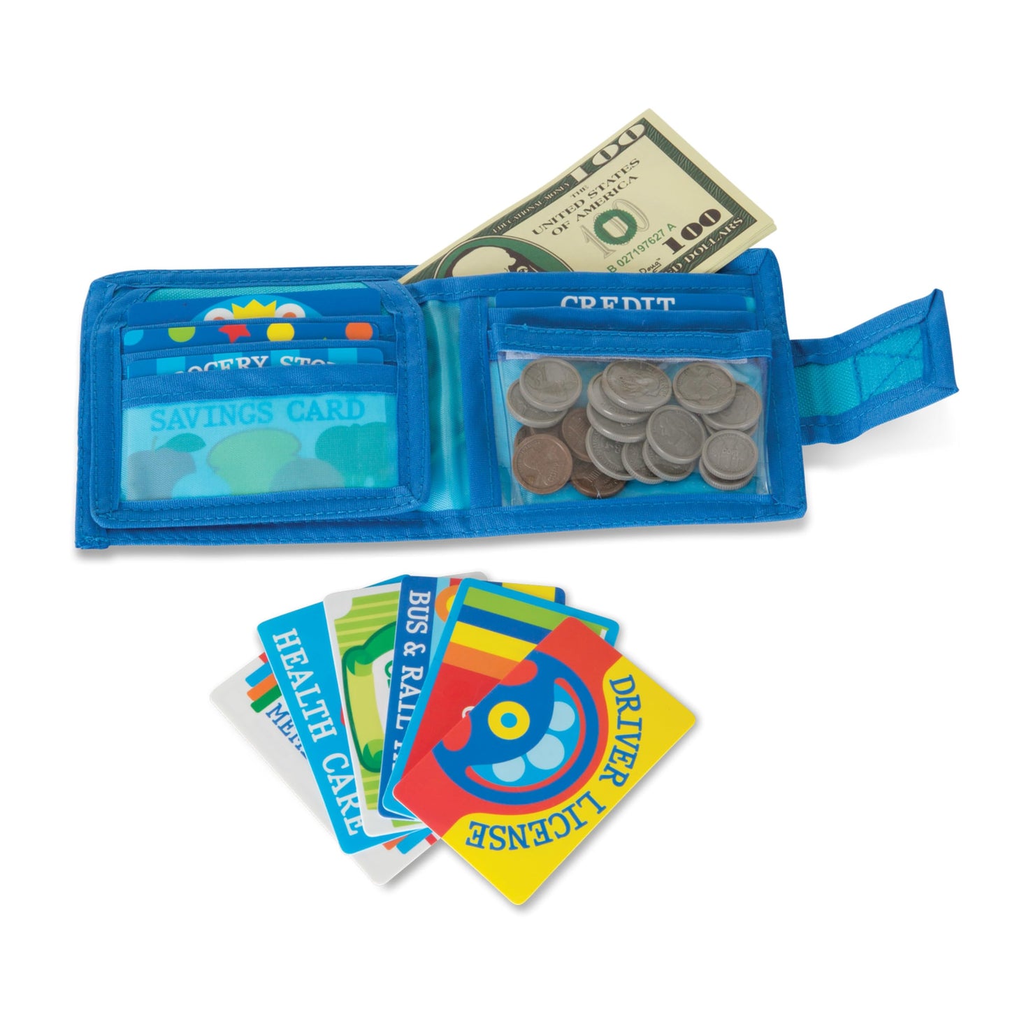 Melissa & Doug Pretend-to-Spend Toy Wallet With Play Money and Cards (45 pcs) , Blue - Shopping Toys, Play Wallet, Pretend Credit Cards For Kids Ages 3+