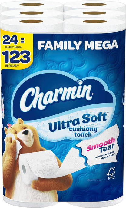 Charmin Ultra Soft Cushiony Touch Toilet Paper, 24 Family Mega Rolls = 123 Regular Rolls (Packaging May Vary)