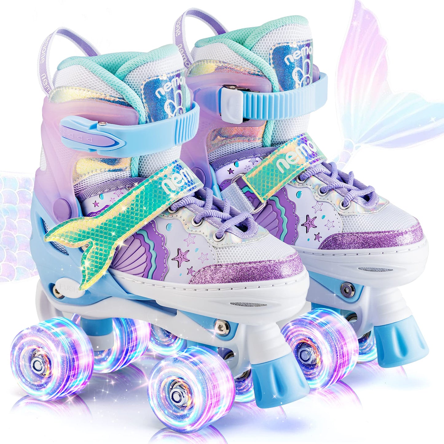 NEMONE Mermaid or Bunny Strawberry 4 Size Adjustable Light up Roller Skates for Girls, Purple Blue Skates for Toddlers, Beginner Kids Roller Skates Indoor Outdoor