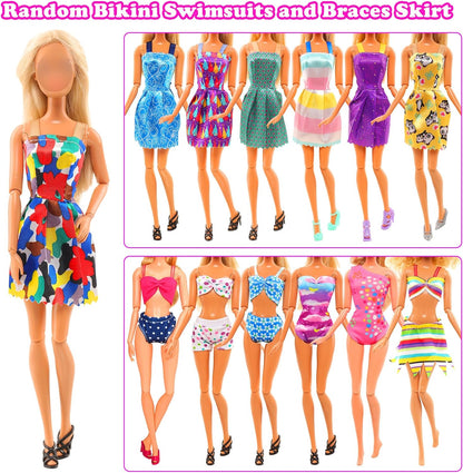 48 PCS Doll Clothes and Accessories 3 PCS Fashion Dresses 3 Tops 3 Pants 3 PCS Party Dresses 2 Sets Swimsuits Bikini 6 Braces Skirt 6 Necklace 10 Hangers and 15 pcs Shoes for 11.5 inch Doll