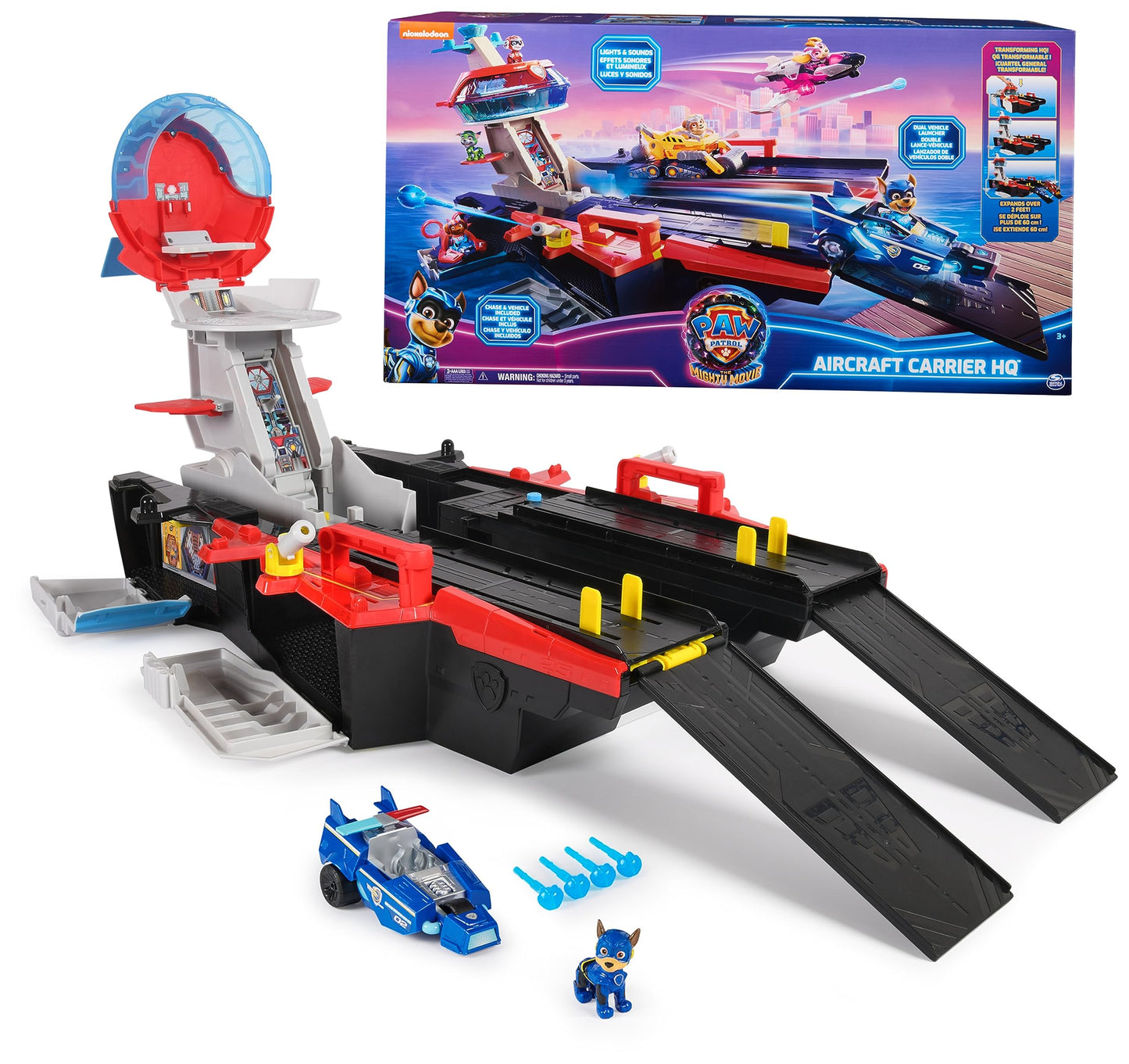 PAW PATROL: The Mighty Movie, Aircraft Carrier HQ, with Chase Action Figure and Mighty Pups Cruiser, Kids Toys for Boys & Girls 3+