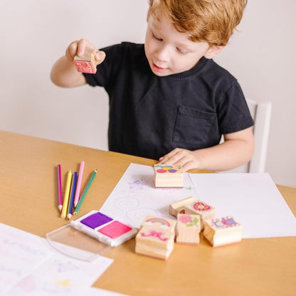 Melissa & Doug Wooden Stamp Set: Friendship - 9 Stamps, 5 Colored Pencils, and 2-Color Pad Kids Art Projects, Stamps With Washable Ink, Hearts Rainbows For Ages 4+