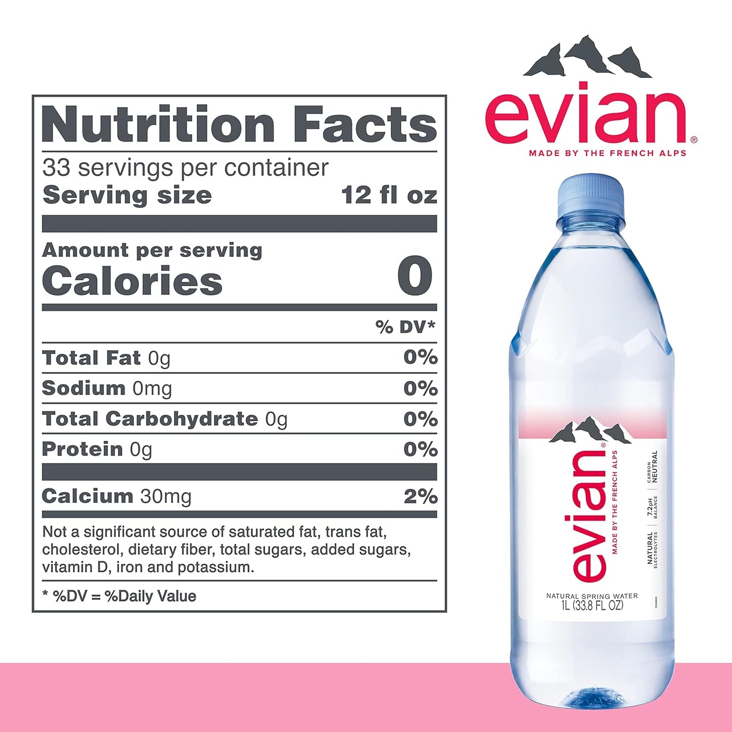 evian Natural Spring Water, Naturally Filtered Spring Water in Large Bottles, 33.81 Fl Oz (Pack of 12)