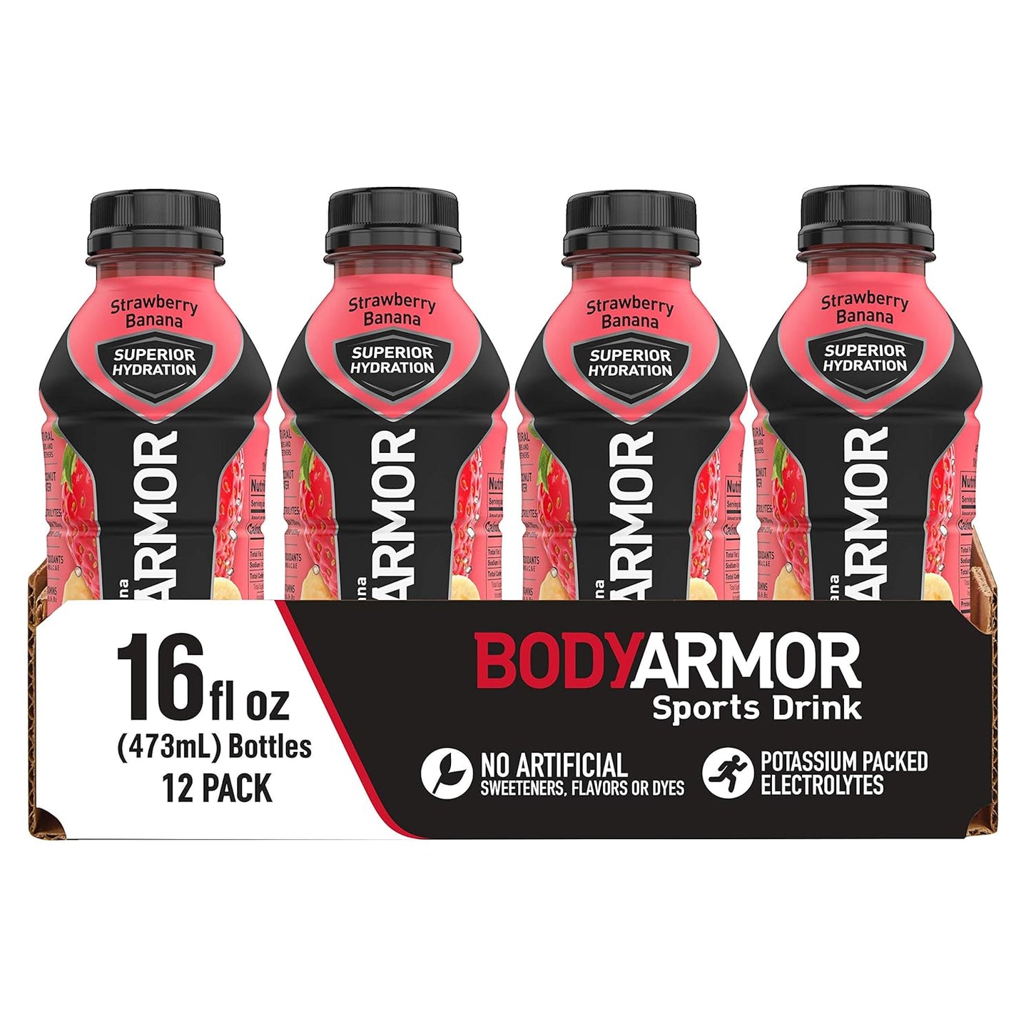 BODYARMOR Sports Drink Sports Beverage, Strawberry Banana, Coconut Water Hydration, Natural Flavors With Vitamins, Potassium-Packed Electrolytes, Perfect For Athletes, 16 Fl Oz (Pack of 12)