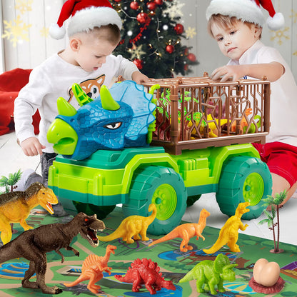 TEMI Dinosaur Toys for Toddlers Kids 3-5, Triceratops Transport Car Carrier Truck with 8 Dino Figures, Play Mat, Dino Eggs and Trees, Capture Jurassic Dinosaurs Play Set for Boys and Girls