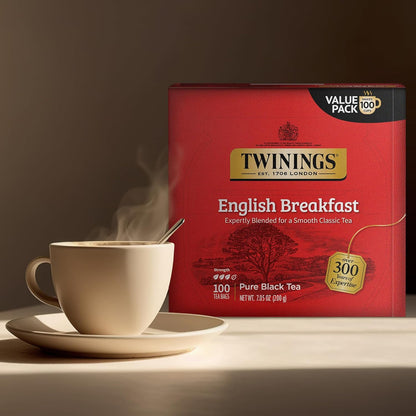 Twinings English Breakfast Black Tea, 100 Individually Wrapped Tea Bags, Smooth, Flavourful, Robust, Caffeinated