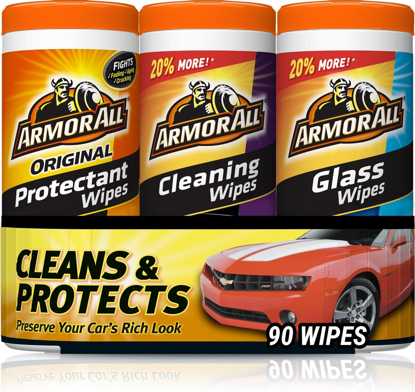 Armor All Car Wipes Multi-Pack by Armor All, Cleans Vehicle Interior and Exterior, Includes All Protectant Wipes, Armor All Glass and Armor All Cleaning Wipes, 3-Pack, 30 Wipes Each