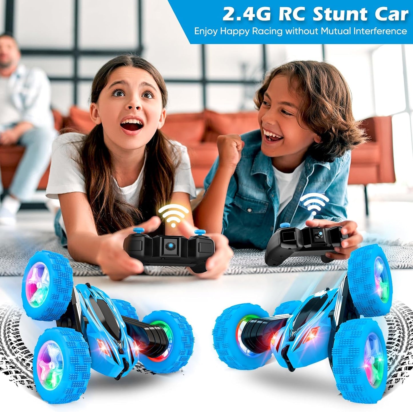 Remote Control Car, RC Cars Stunt Car Toys for Kids, 2.4Ghz High Speed Double-Sided 360°Rotating Toy Cars with Headlights and Wheel Lights, Christmas Birthday Gifts for Boys Girls Age 6-12（Blue）