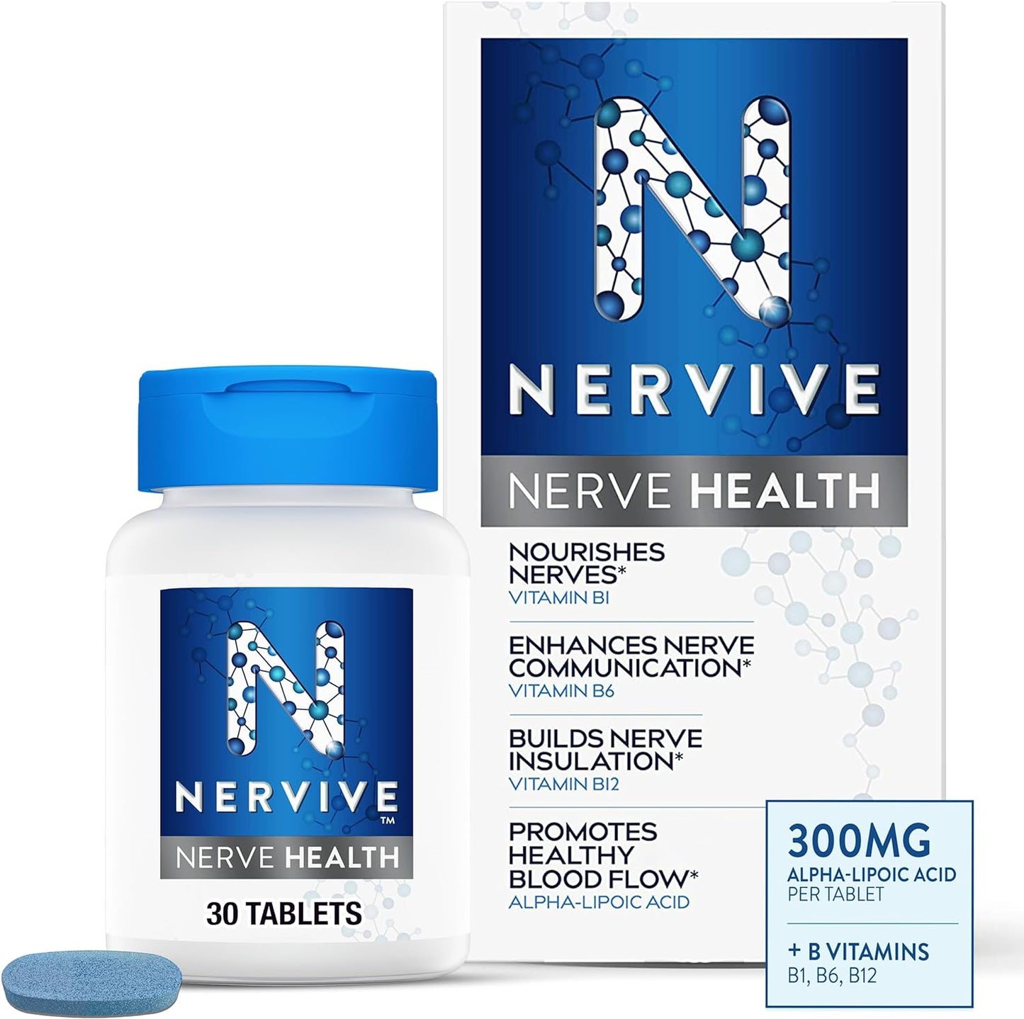 Nervive Nerve Health, with Alpha Lipoic Acid, to Fortify Nerve Health and Support Healthy Nerve Function in Fingers, Hands, Toes, & Feet*, ALA, Vitamins B12, B6, & B1, 30 Daily Tablets