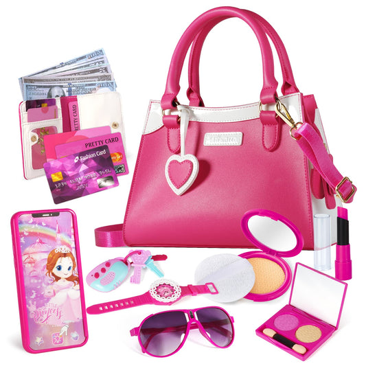 Shemira Play Purse for Little Girls, Princess Pretend Play Girl Toys for 3 4 5 6 7 8Years Old, Toddler Purse with Accessories, Kids Toy Purse, Gifts for Girl Age 3-5 4-6 6-8