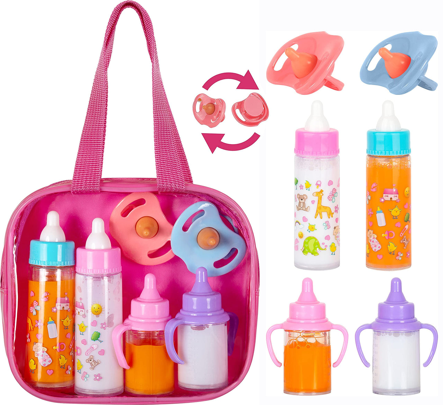 fash n kolor®, My Sweet Baby Disappearing Doll Feeding Set | Baby Care 6 Piece Doll Feeding Set for Toy Stroller | 2 Milk & Juice Bottles with 2 Toy Pacifier for Baby Doll,