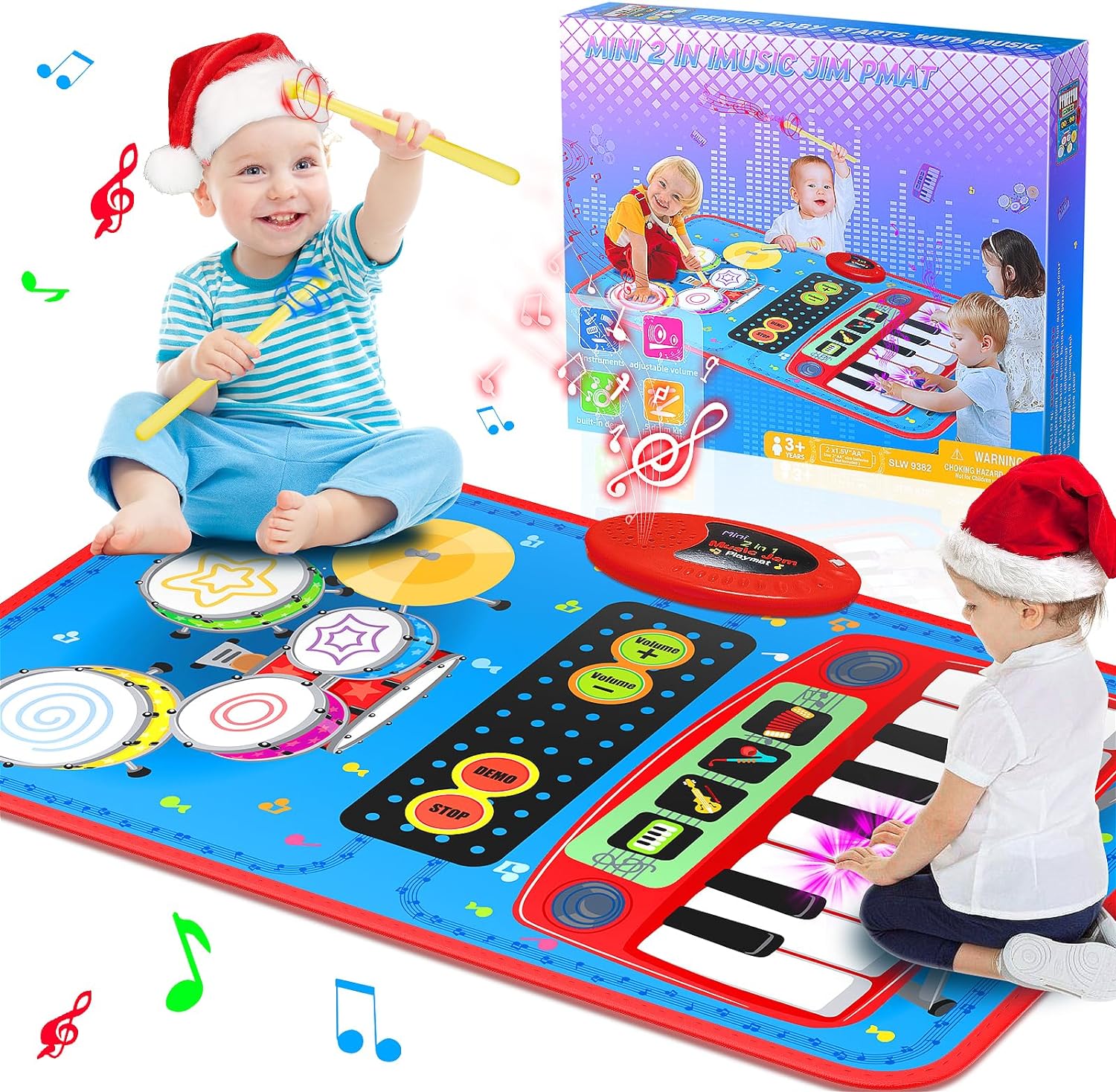 2-in-1 Musical Mat Toys for 1 2 3 4 5 Year Old, Piano Keyboard & Drum Set with 2 Drum Sticks, Early Educational Musical Learning Toys Birthday for 1 2 3 4 5 Year Old Boys & Girls, Blue