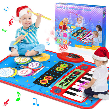 2-in-1 Musical Mat Toys for 1 2 3 4 5 Year Old, Piano Keyboard & Drum Set with 2 Drum Sticks, Early Educational Musical Learning Toys Birthday for 1 2 3 4 5 Year Old Boys & Girls, Blue