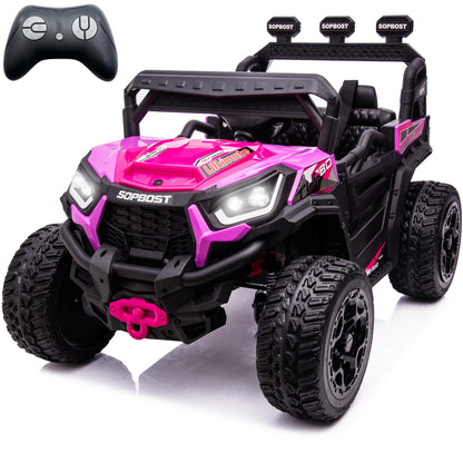 sopbost 24V Ride On Car for Kids Battery Powered Ride On Toys with Remote Control 4x4 Electric Vehicle 4 Wheeler UTV, EVA Tires Wheels, 5Mph High Speed, Purple Pink