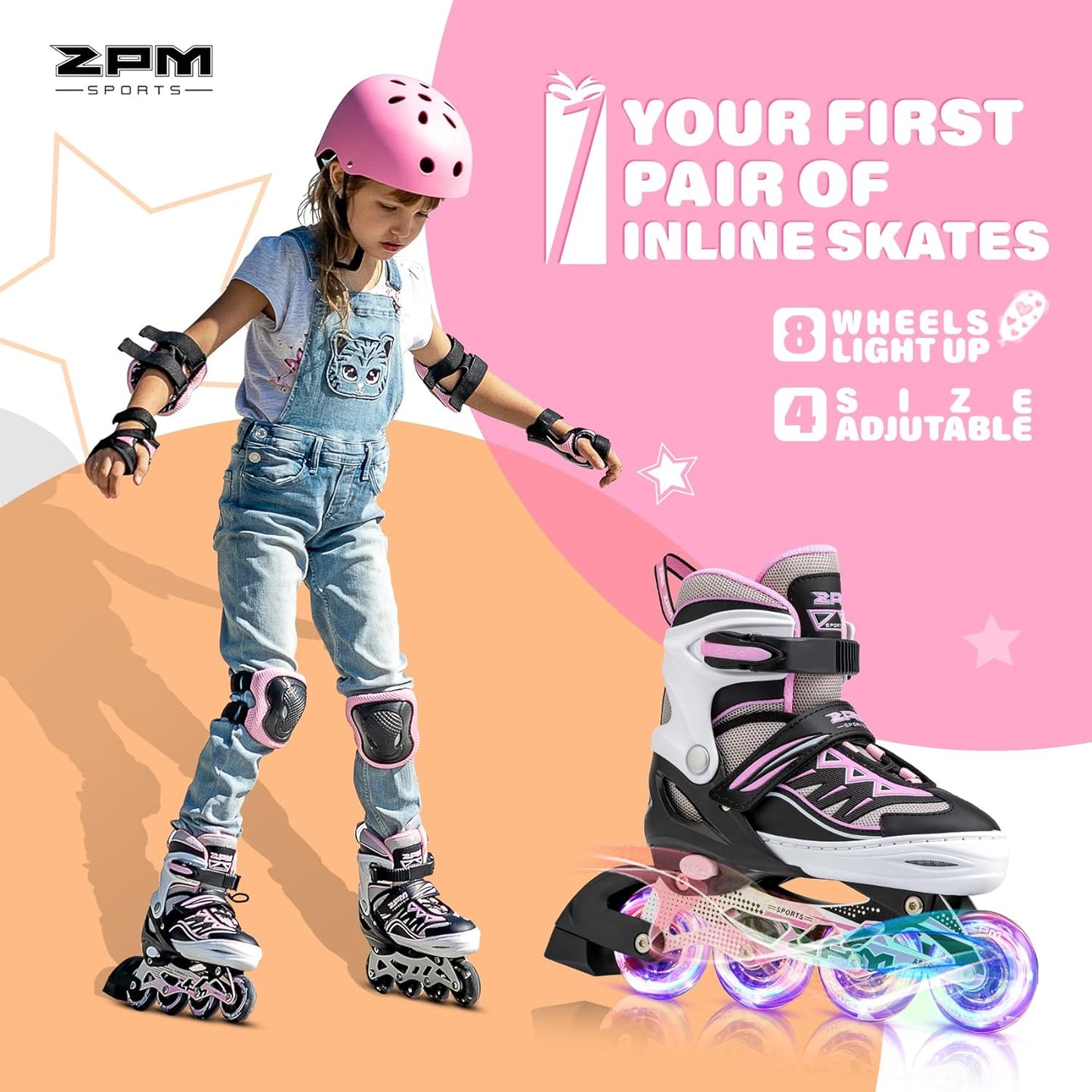 2PM SPORTS Cytia Pink Girls Adjustable Illuminating Inline Skates with Light up Wheels, Fun Flashing Beginner Roller Skates for Kids