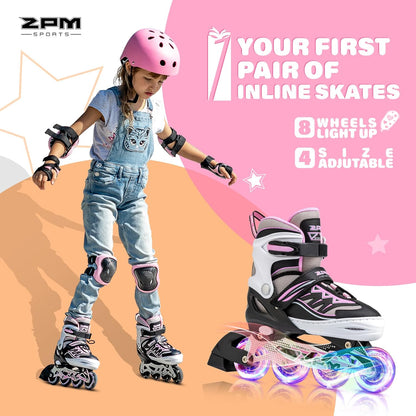 2PM SPORTS Cytia Pink Girls Adjustable Illuminating Inline Skates with Light up Wheels, Fun Flashing Beginner Roller Skates for Kids