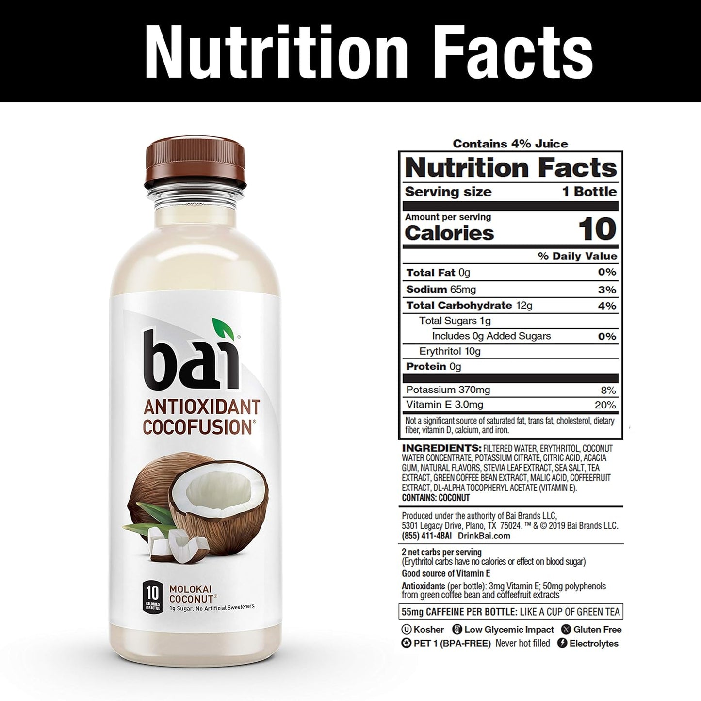 Bai Coconut Flavored Water, Molokai Coconut, Antioxidant Infused Drinks, 18 Fluid Ounce Bottles, (Pack of 12)