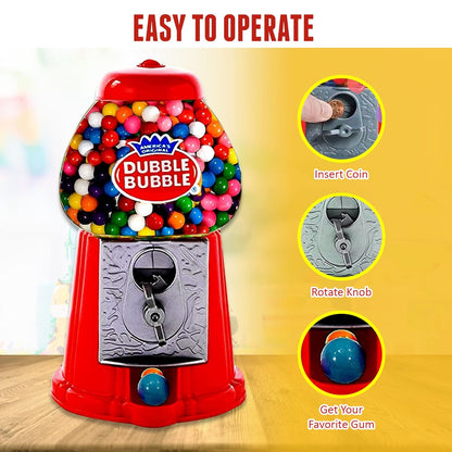 Gumball Machine for Kids 8.5" - Coin Operated Toy Bank - Dubble Bubble Red Gum Machine Classic Red Style Includes 45 Gum Balls - Kids Coin Bank - Candy Dispenser - Playo