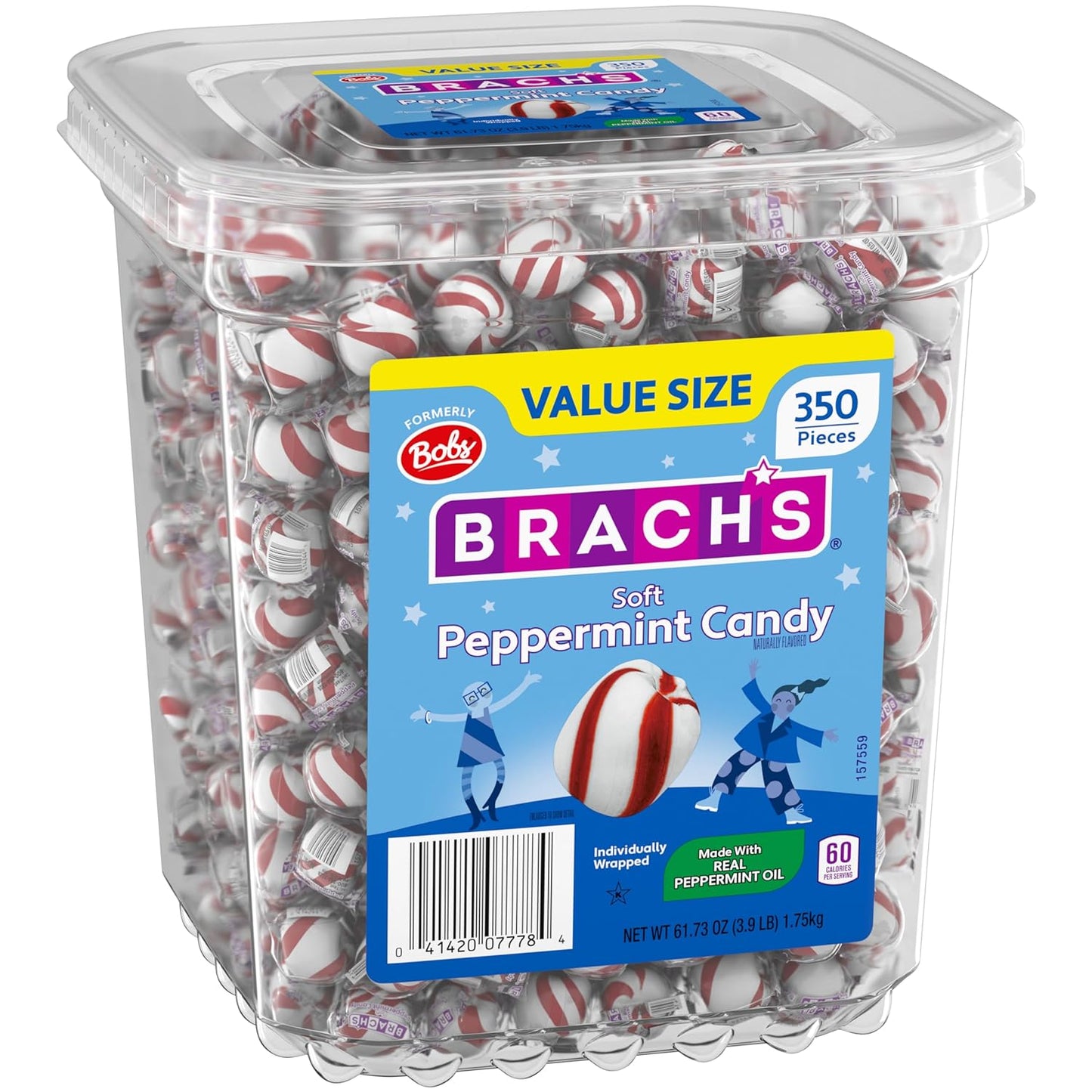 Brach's Bobs Sweet Stripes Soft Peppermint Candy, Individually Wrapped Pieces, 3.9 lb Tub (350 Count)