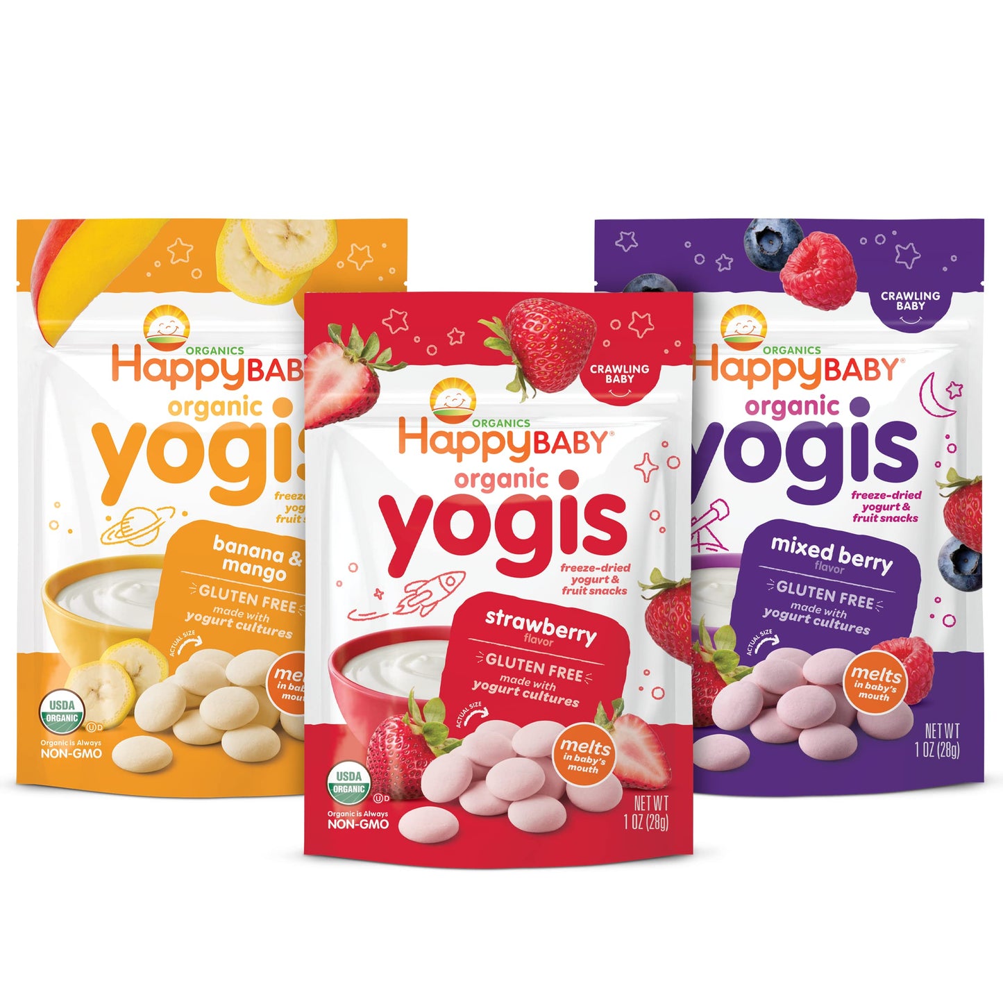 Happy Baby Organics Yogis Freeze-Dried Yogurt & Fruit Snacks, 3 Flavor Variety Pack, 1 Ounce (Pack of 3)