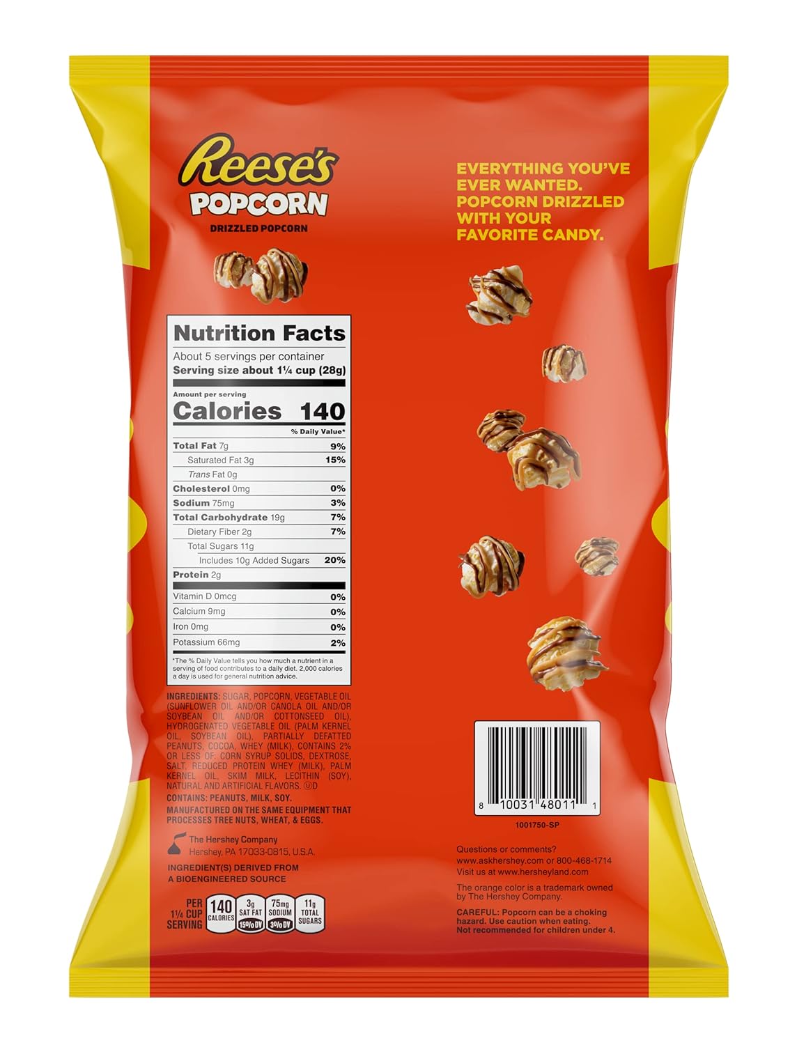 Reese's Popcorn, 5.25oz Grocery Sized Bag, Popcorn Drizzled in Reese's Peanut Butter and Chocolate, Ready to Eat, Savory Snack, Sweet and Salty Snacks