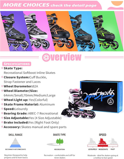 2PM SPORTS Cytia Pink Girls Adjustable Illuminating Inline Skates with Light up Wheels, Fun Flashing Beginner Roller Skates for Kids