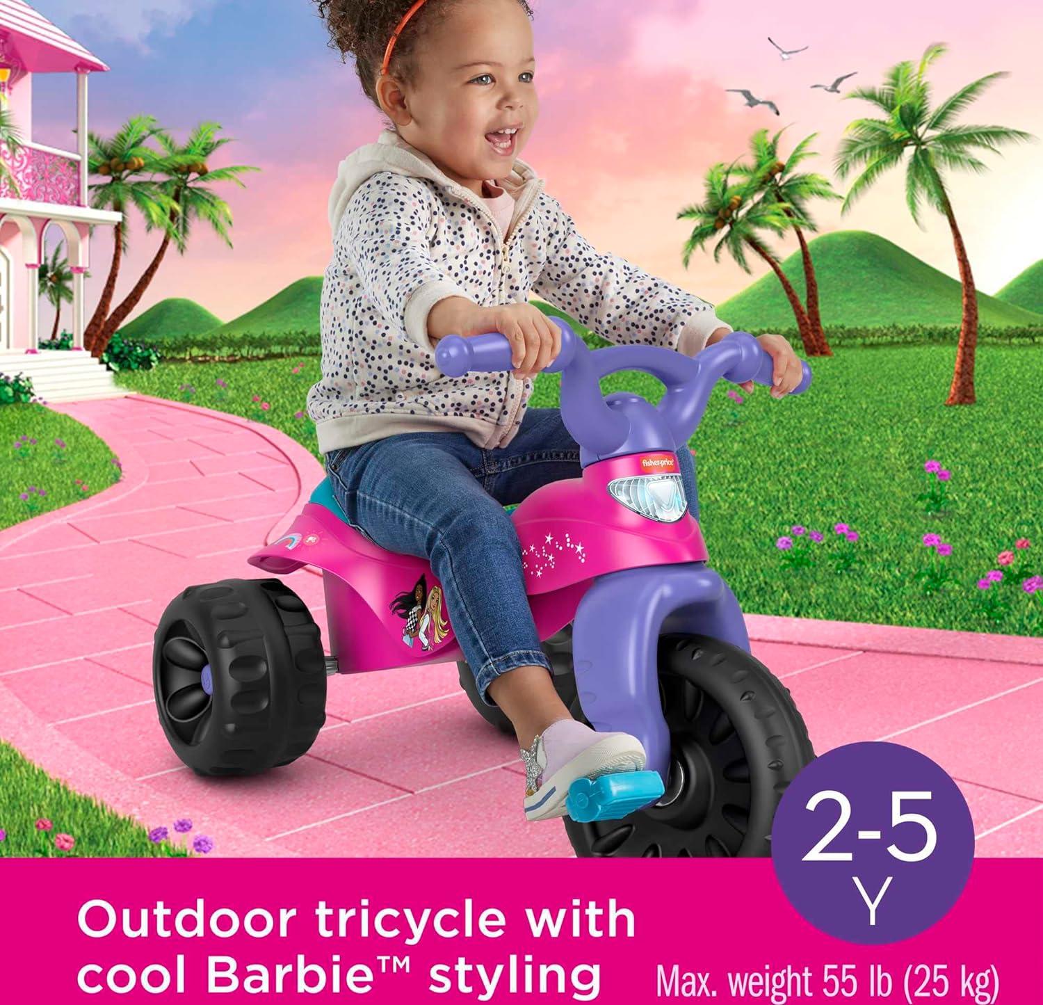 Fisher-Price Barbie Tricycle with Handlebar Grips and Storage Area, Multi-Terrain Tires, Tough Trike