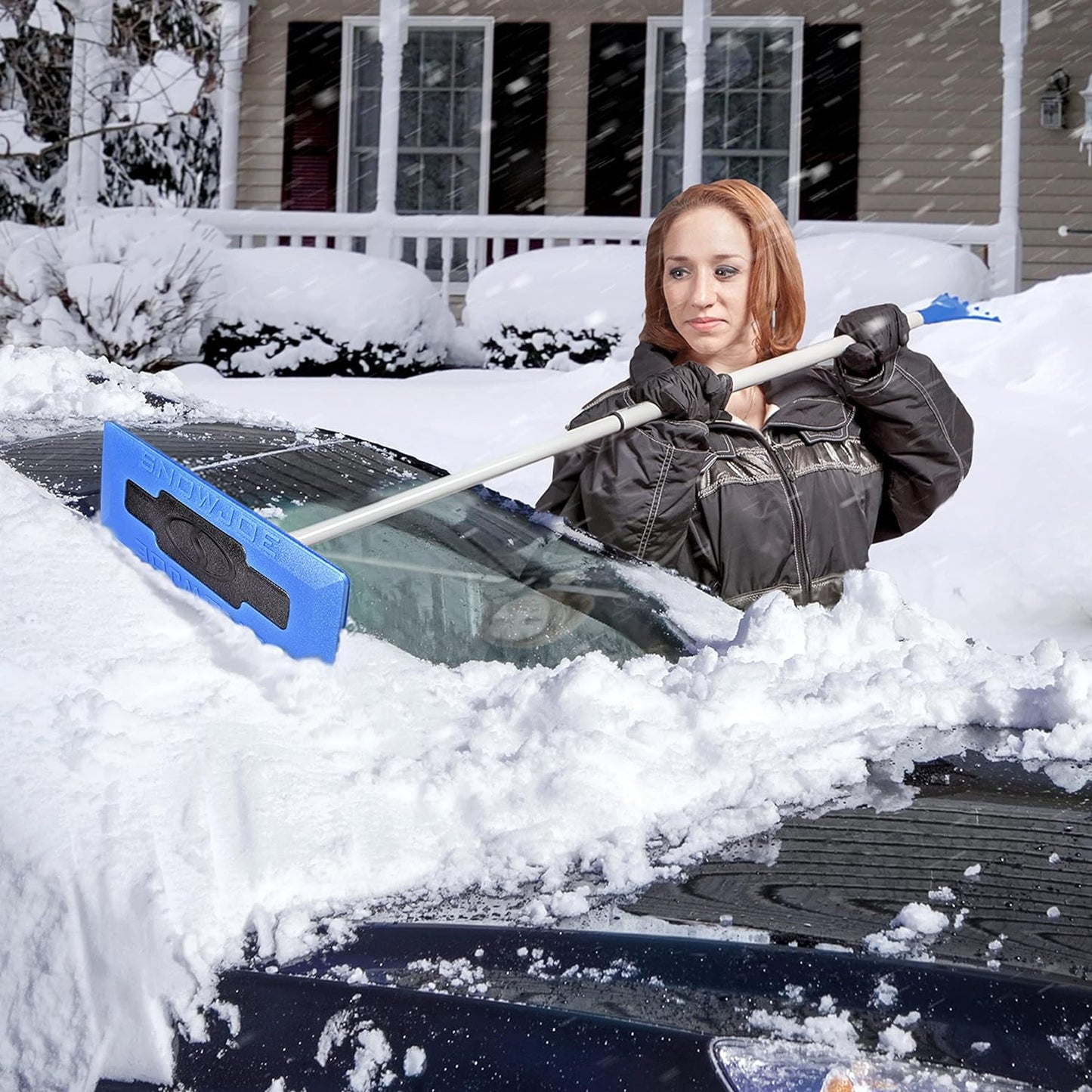 Snow Joe SJBLZD The Original 2-In-1 Telescoping Snow Broom + Ice Scraper w/18-Inch No-Scratch Foam Head, Closed Cell Foam for No Water Absorption, Blue