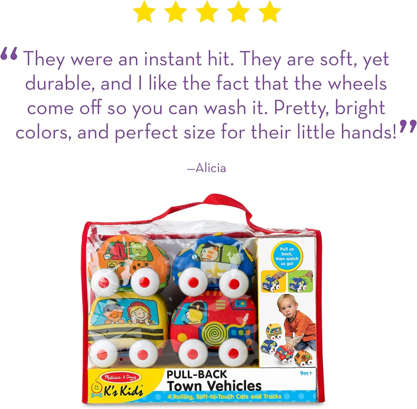 Melissa & Doug K's Kids Pull-Back Vehicle Set - Soft Baby Toy Set With 4 Cars and Trucks and Carrying Case - Pull Back Cars, Toys For Babies And Toddlers