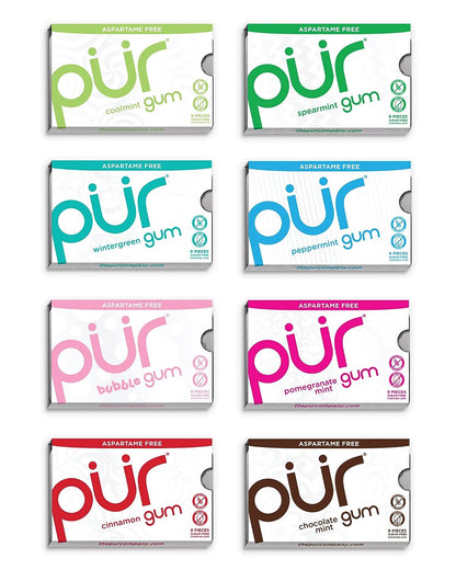 PUR Gum | Aspartame Free Chewing Gum | 100% Xylitol | Natural Flavored Gum, Variety Pack, 9 Pieces (Pack of 8)