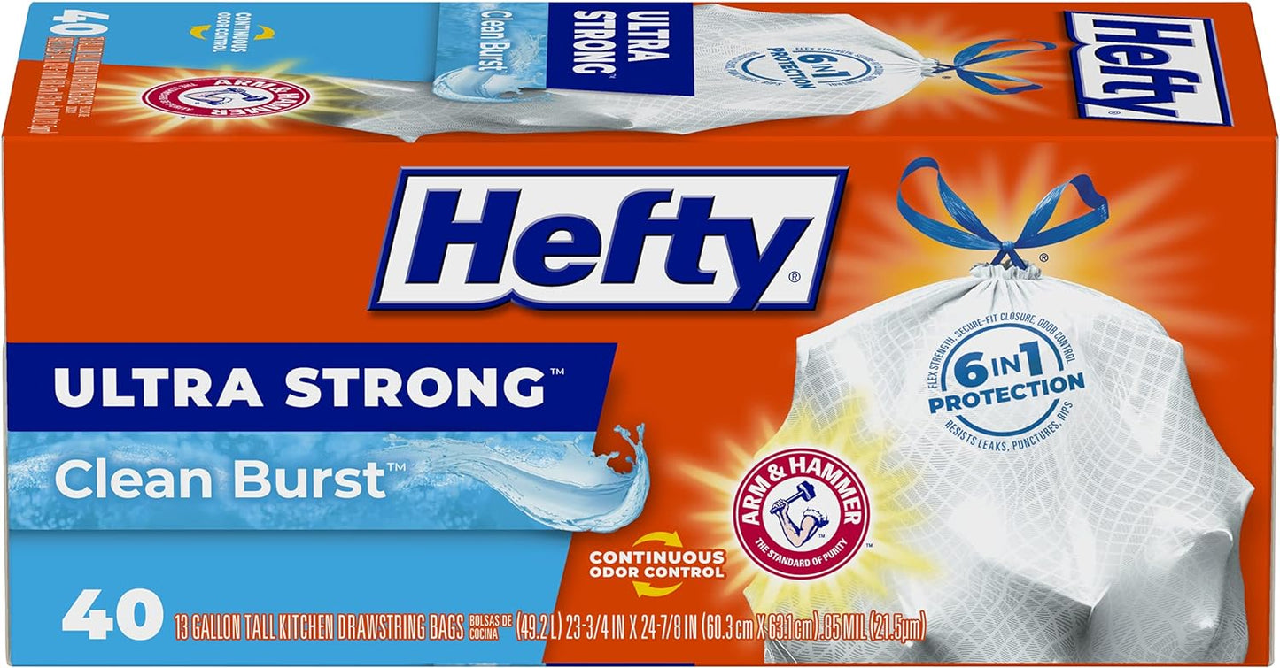 Hefty Ultra Strong Tall Kitchen Trash Bags, Clean Burst Scent, 13 Gallon, 40 Count