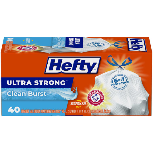 Hefty Ultra Strong Tall Kitchen Trash Bags, Clean Burst Scent, 13 Gallon, 40 Count