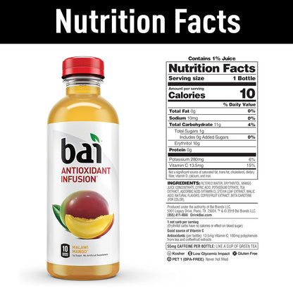 Bai Flavored Water, Safari Variety Pack, Antioxidant Infused Drinks, 3 Each of Brasilia Blueberry, Costa Rica Clementine, Malawi Mango, Zambia Bing Cherry,18 Fl Oz Bottles (Pack of 12)