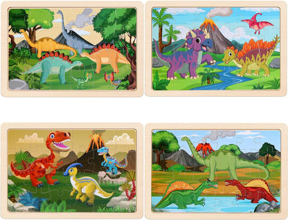 Wooden Puzzles Dinosaur Toys for Kids Ages 3-5, Set of 4 Packs with 24-Piece Wood Jigsaw Puzzles, Preschool Educational Brain Teaser Boards for Boys and Girls 3 4 5 6 Years Old