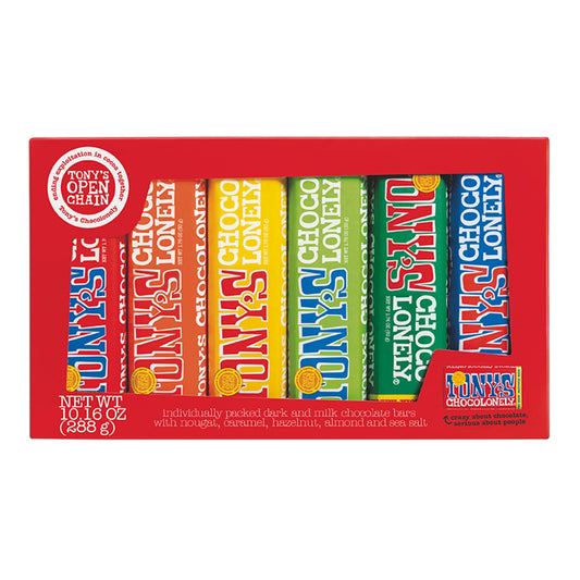 Tony's Chocolonely Chocolate Bar Variety Pack - Milk, Dark, Nougat, Caramel, Hazelnut, Almond & Sea Salt - 6 Individually Packed Bars