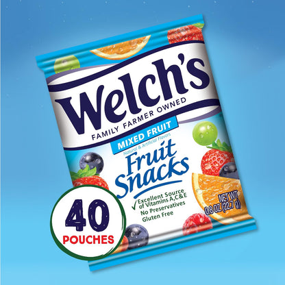 Welch's Fruit Snacks, Mixed Fruit, Great Valentines Day Gifts for Kids, Gluten Free, Bulk Pack, Individual Single Serve Bags, 0.8 oz (Pack of 40)