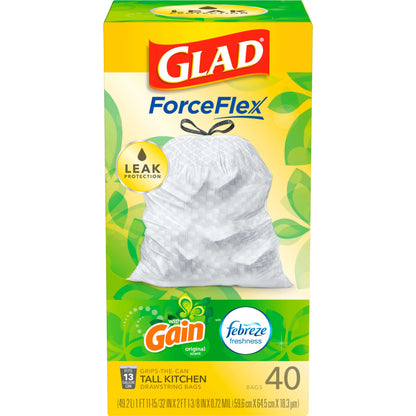 Glad ForceFlex Tall Kitchen Drawstring Trash Bags, 13 Gallon, Gain Original with Febreze 40 Ct