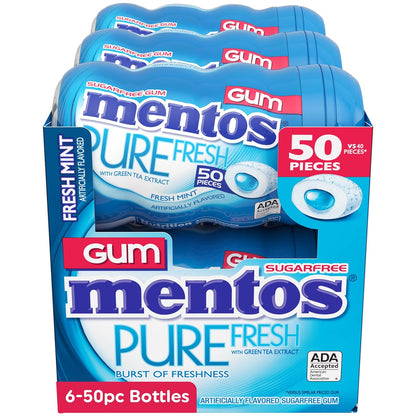 Mentos Pure Fresh Sugar-Free Chewing Gum with Xylitol, Fresh Mint, 50 Count (Pack of 6)