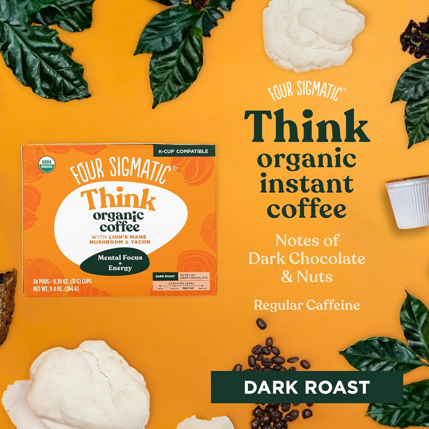 Four Sigmatic Mushroom Coffee K-Cups | Organic and Fair Trade Dark Roast Coffee with Lion’s Mane Mushroom Powder & Yacon | Focus & Immune Support | Vegan & Keto | Sustainable Pods | 24 Count.