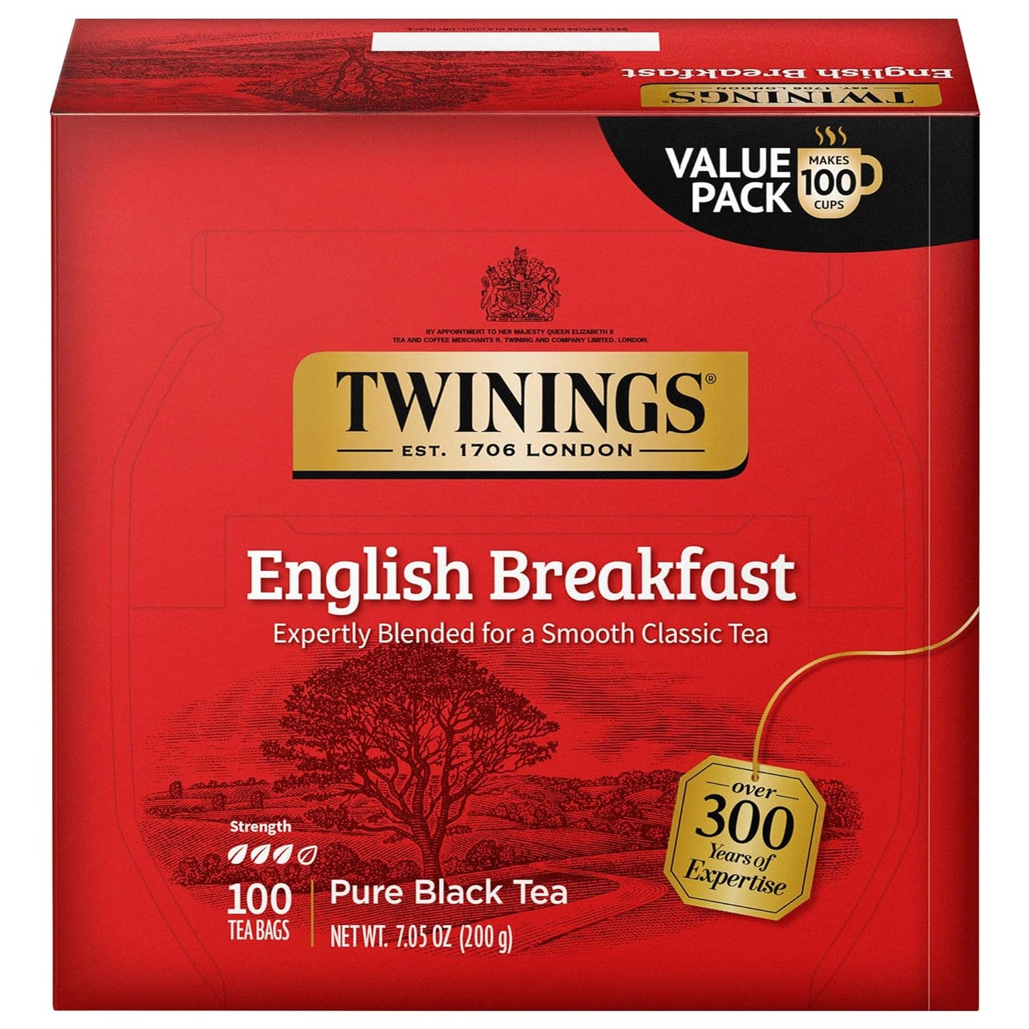 Twinings English Breakfast Black Tea, 100 Individually Wrapped Tea Bags, Smooth, Flavourful, Robust, Caffeinated