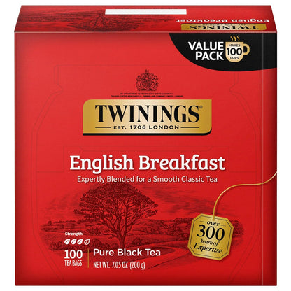 Twinings English Breakfast Black Tea, 100 Individually Wrapped Tea Bags, Smooth, Flavourful, Robust, Caffeinated