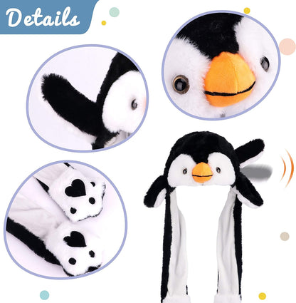 Hopearl Penguin Hat with Ears Moving Jumping Pop Up Beating Hat Plush Holiday Cosplay Dress Up Funny Gift for Kids Boys Girls, Black, 22''