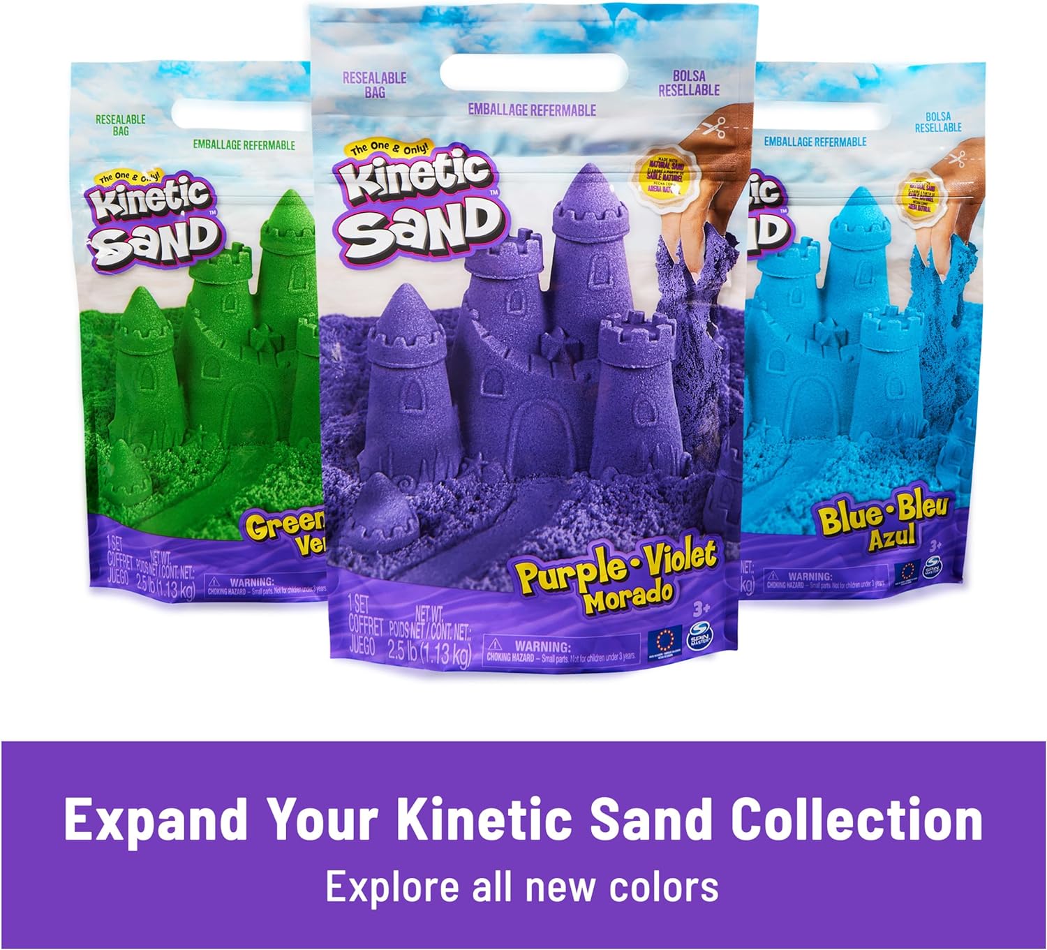 Kinetic Sand, Squish N’ Create Playset, with 13.5oz of Blue, Yellow & Pink Play Sand, 5 Tools, Stocking Stuffers for Kids