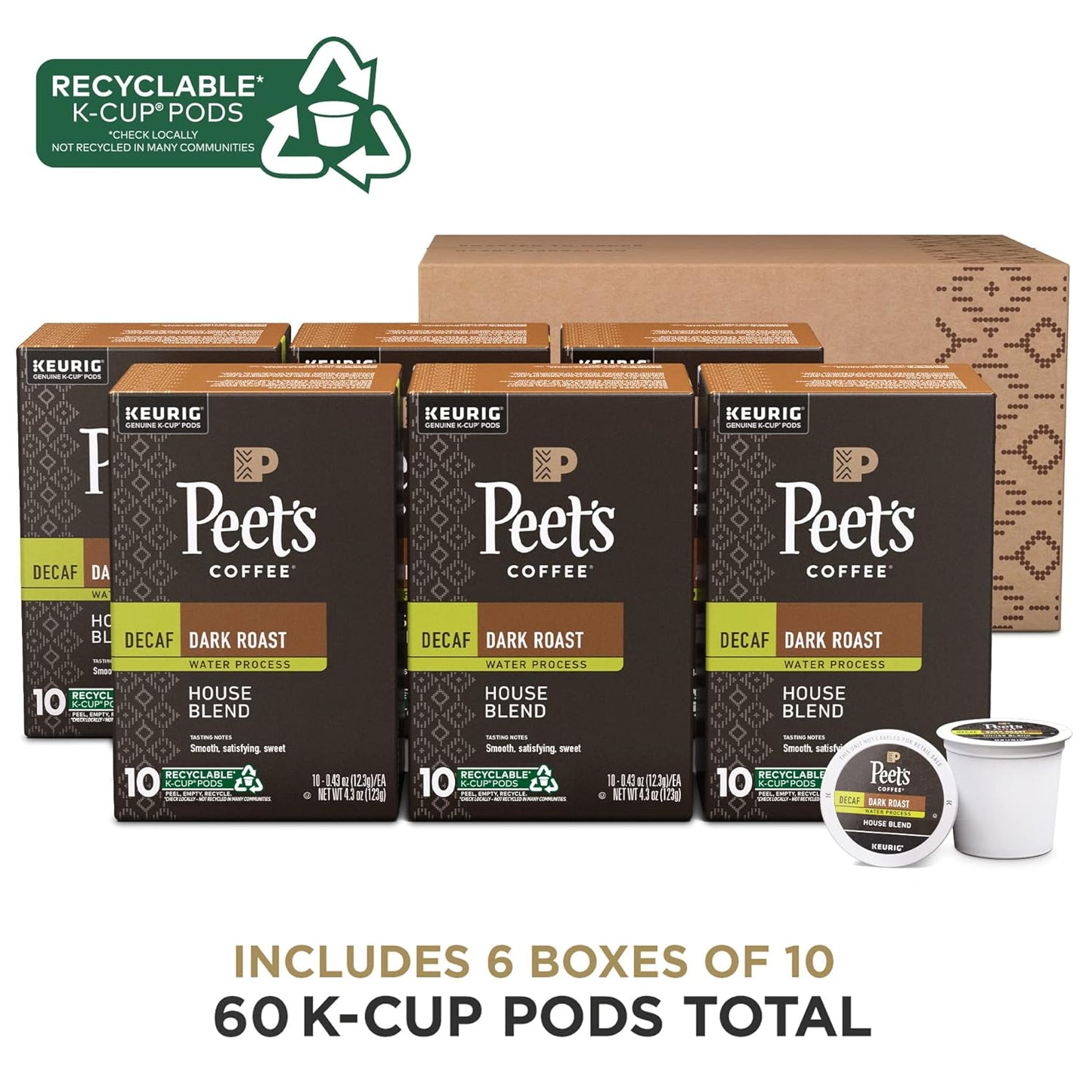 Peet's Coffee, Dark Roast Decaffeinated Coffee K-Cup Pods for Keurig Brewers - Decaf House Blend , 10 count (Pack of 6)